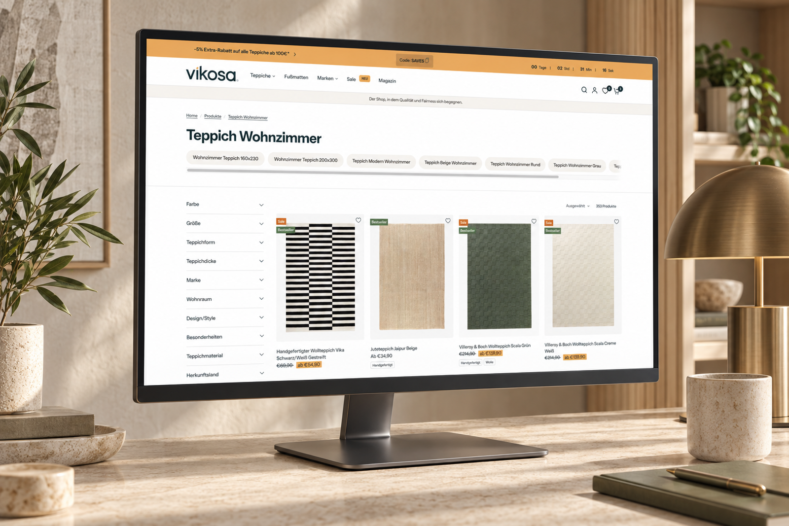 VIKOSA: Teppichkategorie mit Filtern auf einem Desktop-Monitor