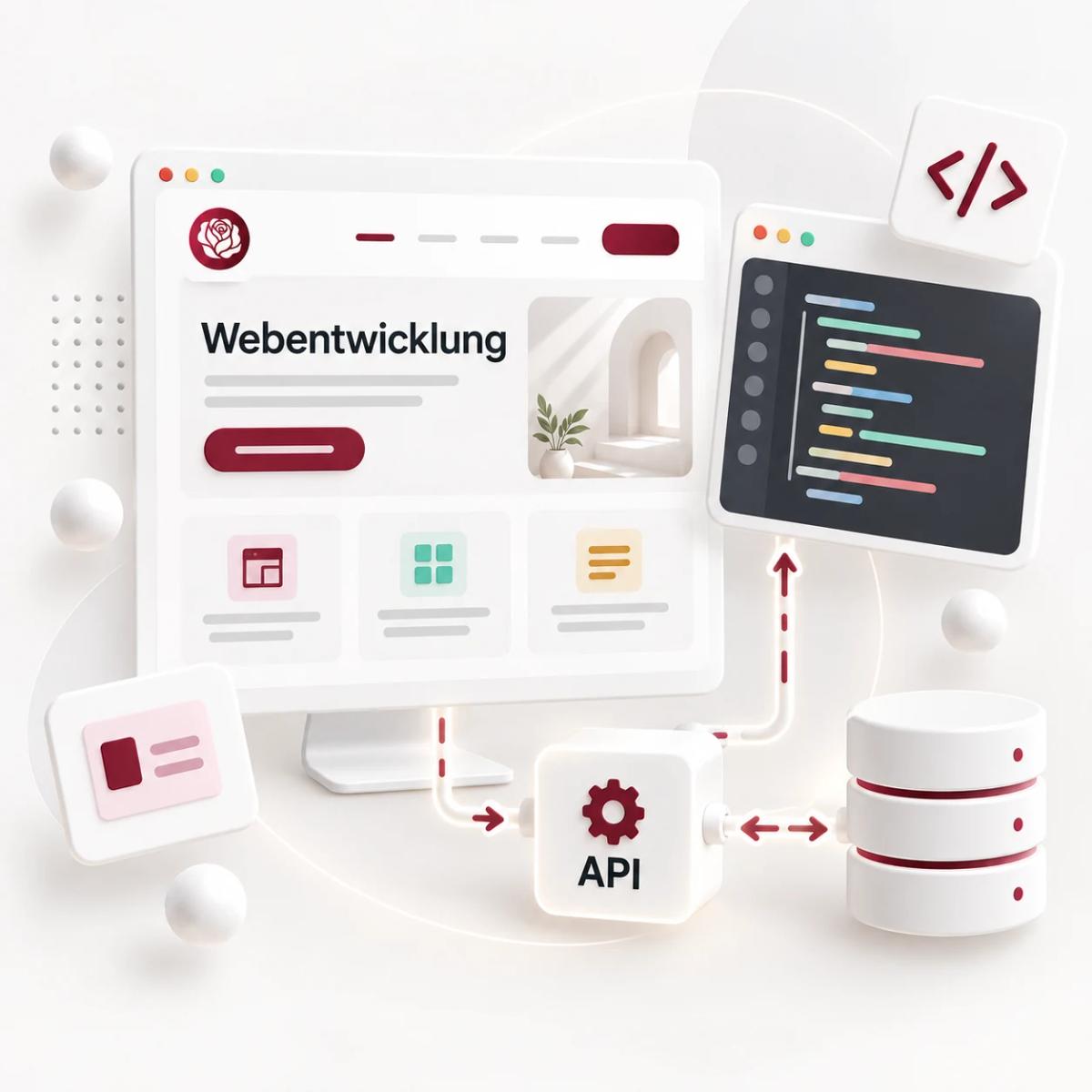 Frontend, Code-Editor, API und Datenbank als verbundene Bausteine individueller Webentwicklung.