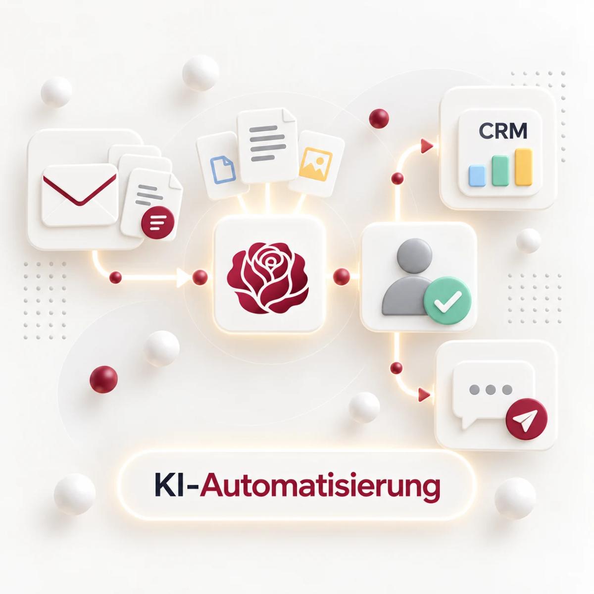 KI verarbeitet E-Mails und Dokumente und leitet Ergebnisse nach menschlicher Freigabe an CRM und Nachrichten weiter.
