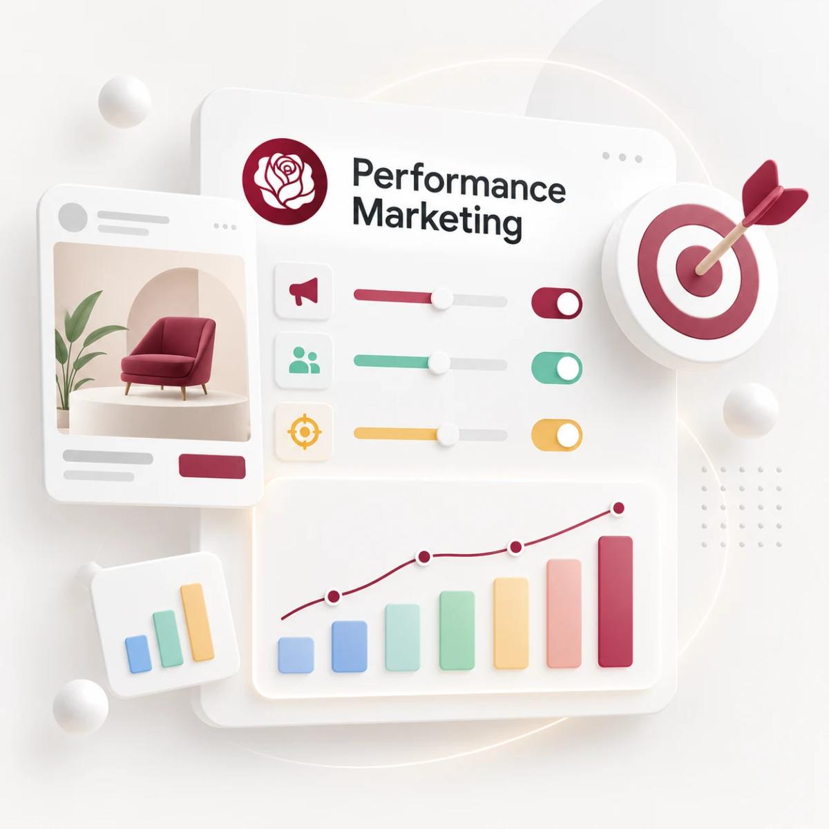 Kampagnen-Dashboard mit Anzeigenmotiv, Zielscheibe, Reglern und schematischem Diagramm für Performance Marketing.
