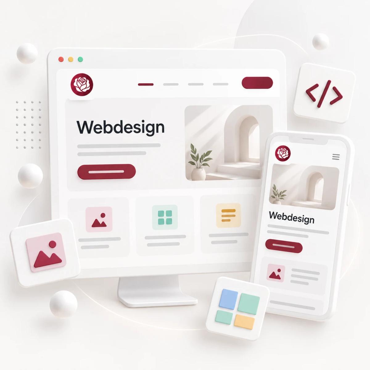 Responsive Website auf Desktop und Smartphone mit modularen Inhalten und Code-Symbol als 3D-Illustration.