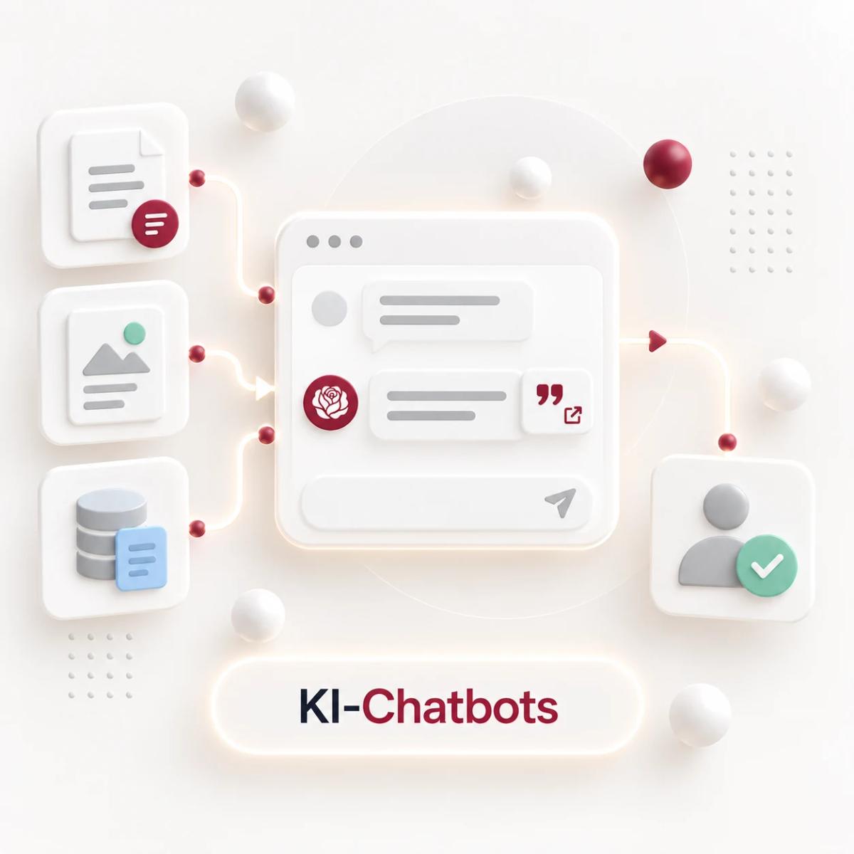 KI-Chatbot mit angebundenen Dokumenten, Quellenverweisen und Übergabe an einen Menschen als 3D-Illustration.
