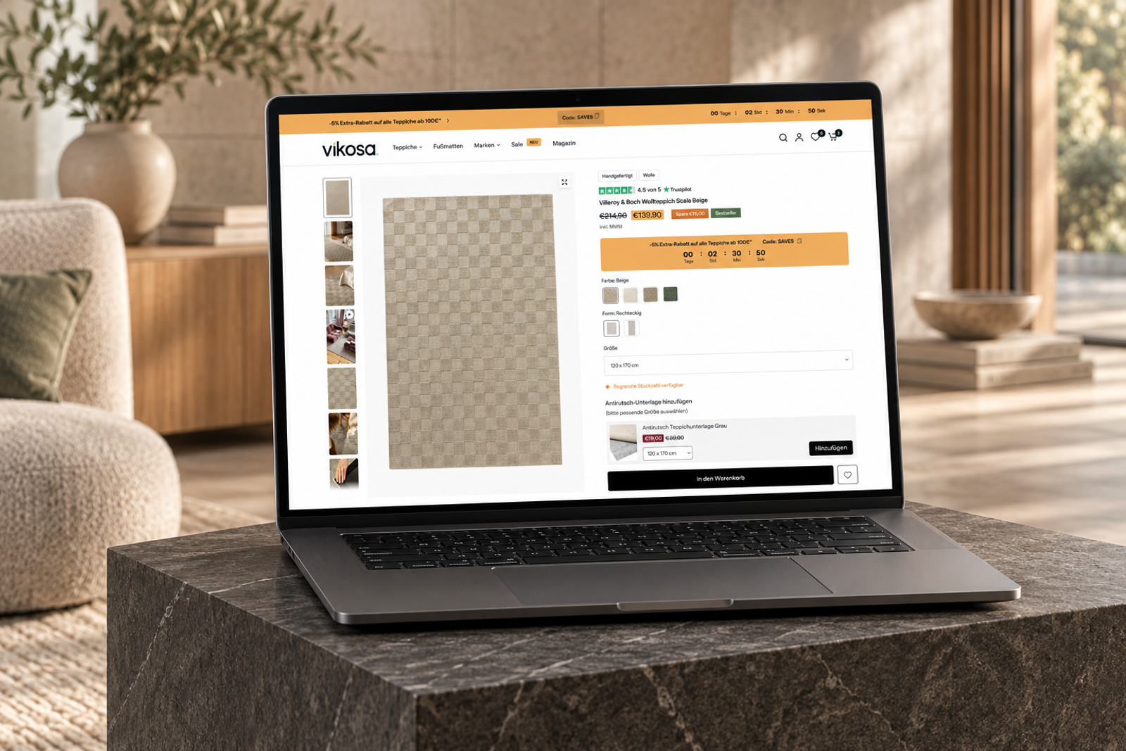 VIKOSA: Teppich-Produktseite auf einem Laptop