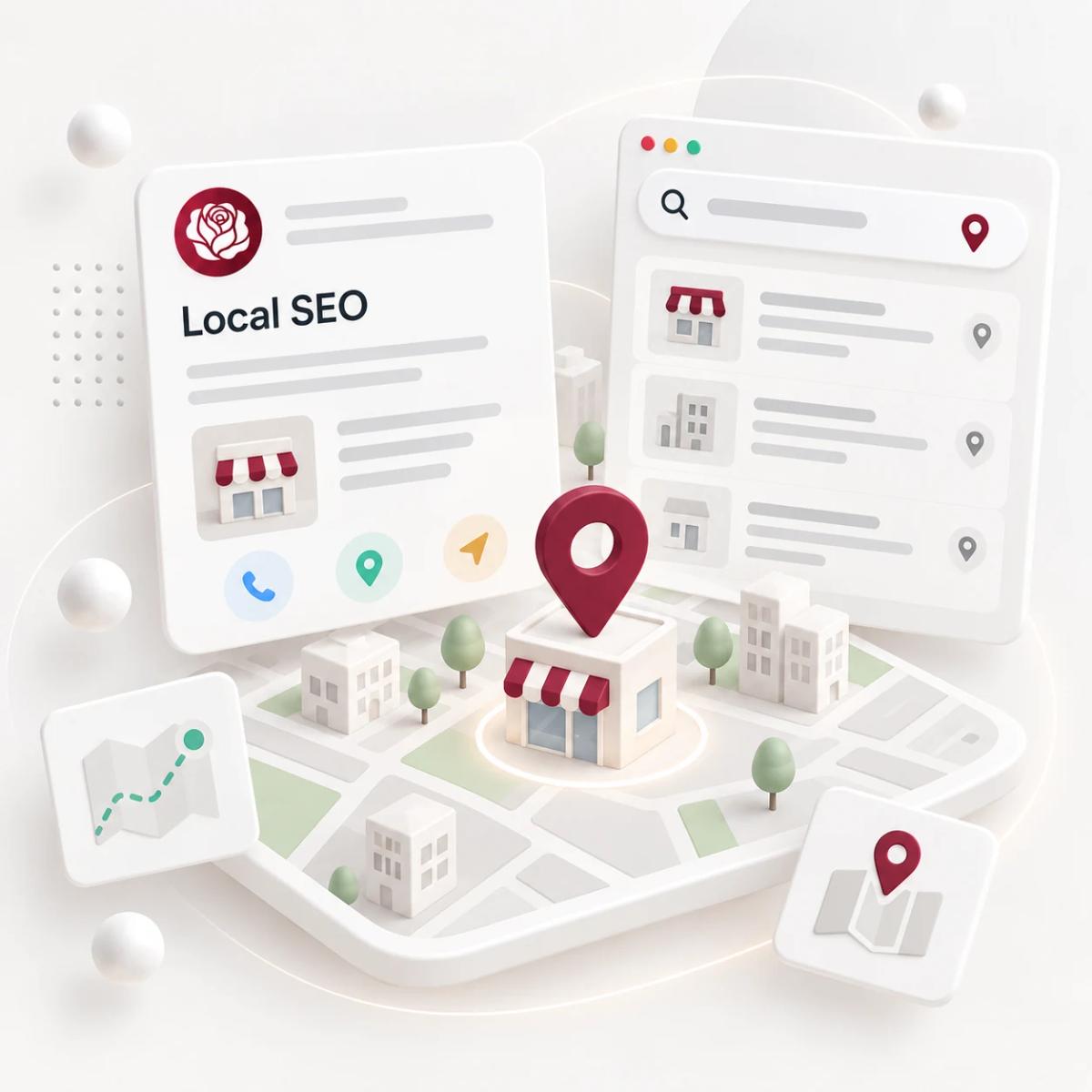 Lokales Geschäft auf einer Karte mit Standortmarkierung, Unternehmensprofil und Suchergebnissen für Local SEO.