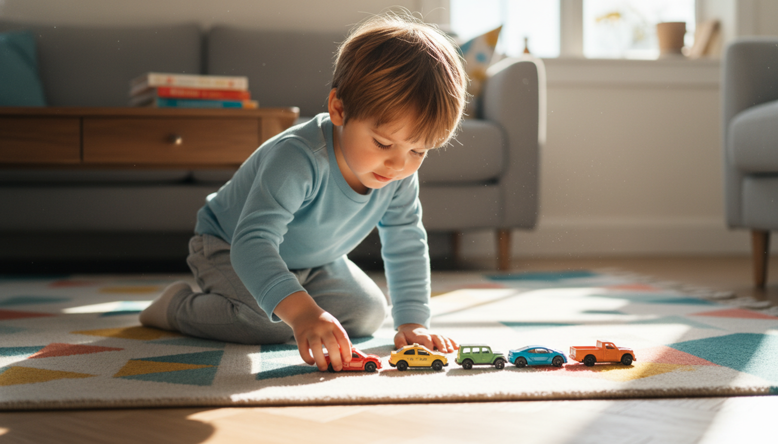 A young boy sitting on a colorful rug, highly focused on lining up small toy cars in a perfectly straight row.