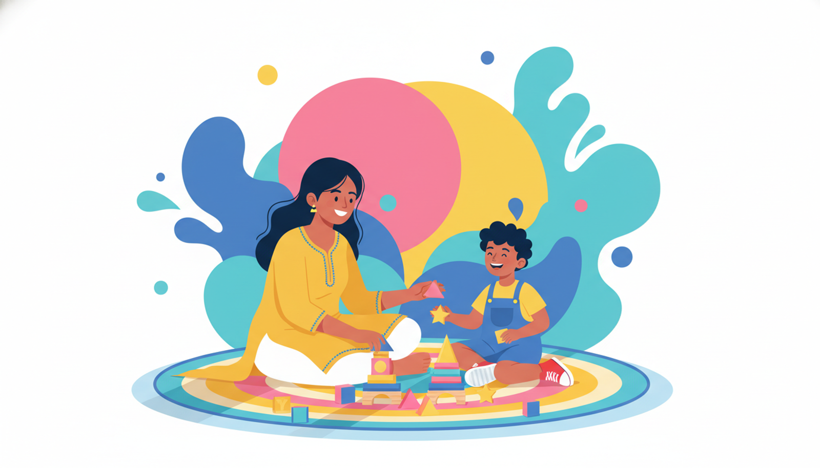 A parent and a young child playing with wooden sorting blocks on a living room floor in natural sunlight