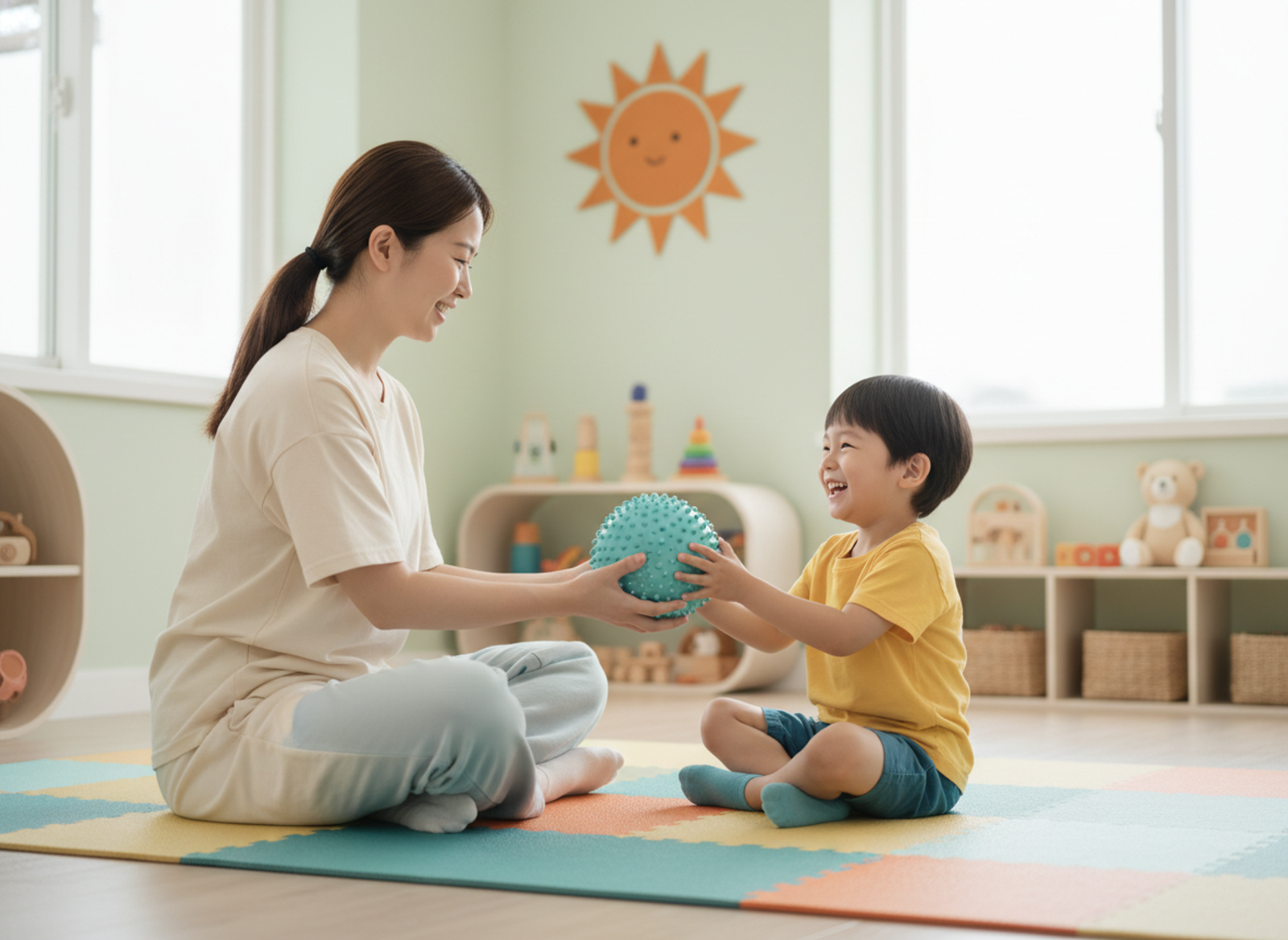 A young boy sitting at a table focused on sorting colorful building blocks, with a parent sitting beside him smiling.