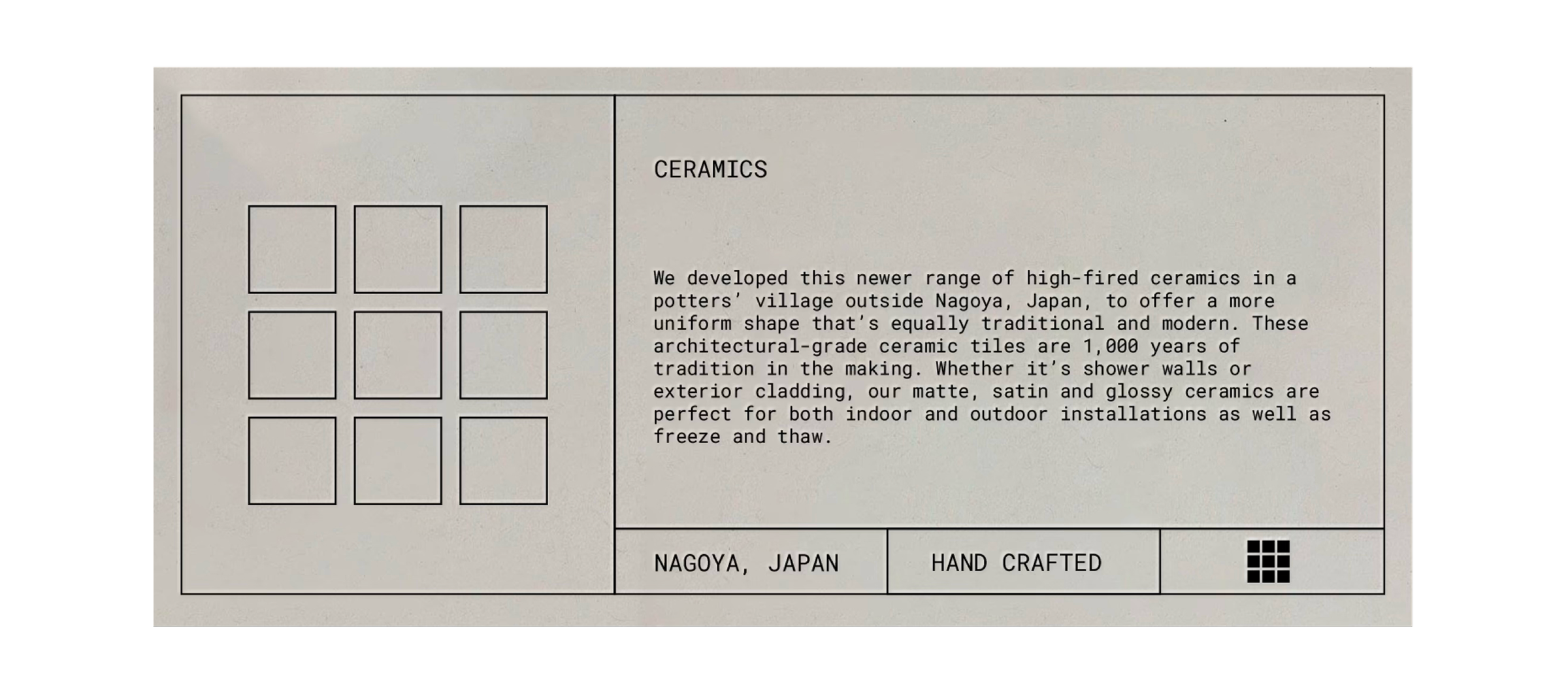 The brand is designed to flex across tile types, origins, and applications.