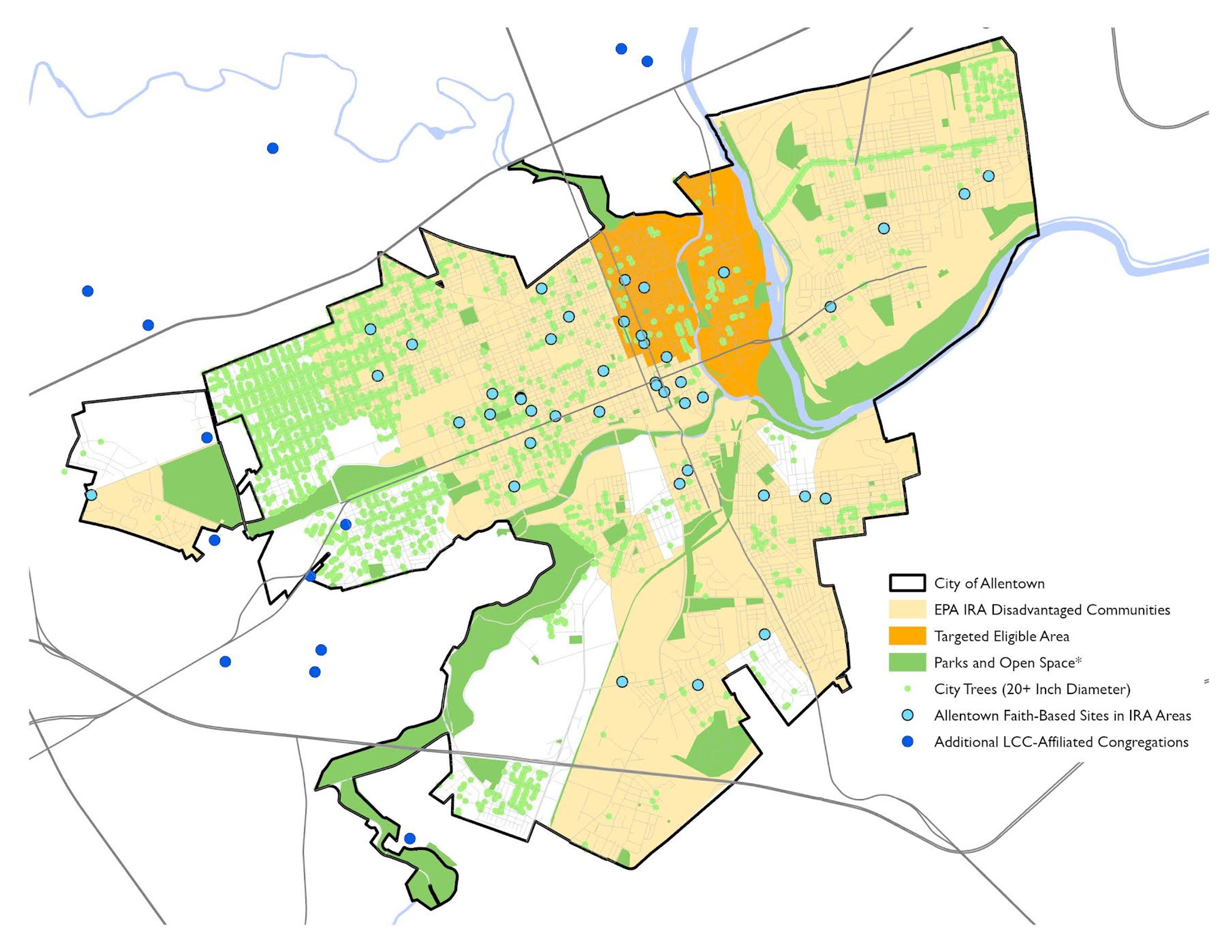 Overlay Map of Disadvantaged Communities, Park Space, and Faith-Based Organizations