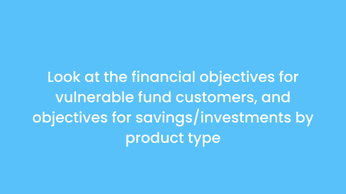 Look at the financial objectives for vulnerable fund investors, and objectives for saving/investments by product type