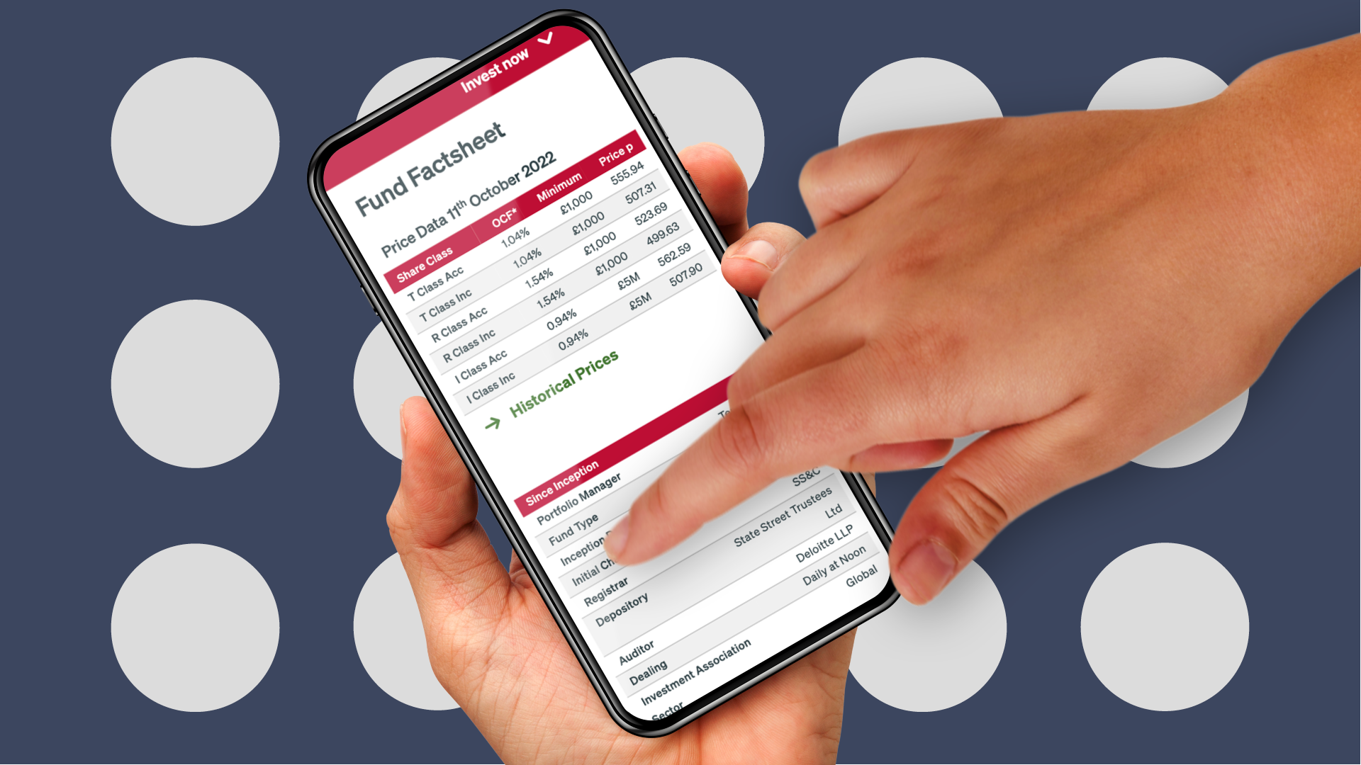 Smartphone displaying a fund's factsheet