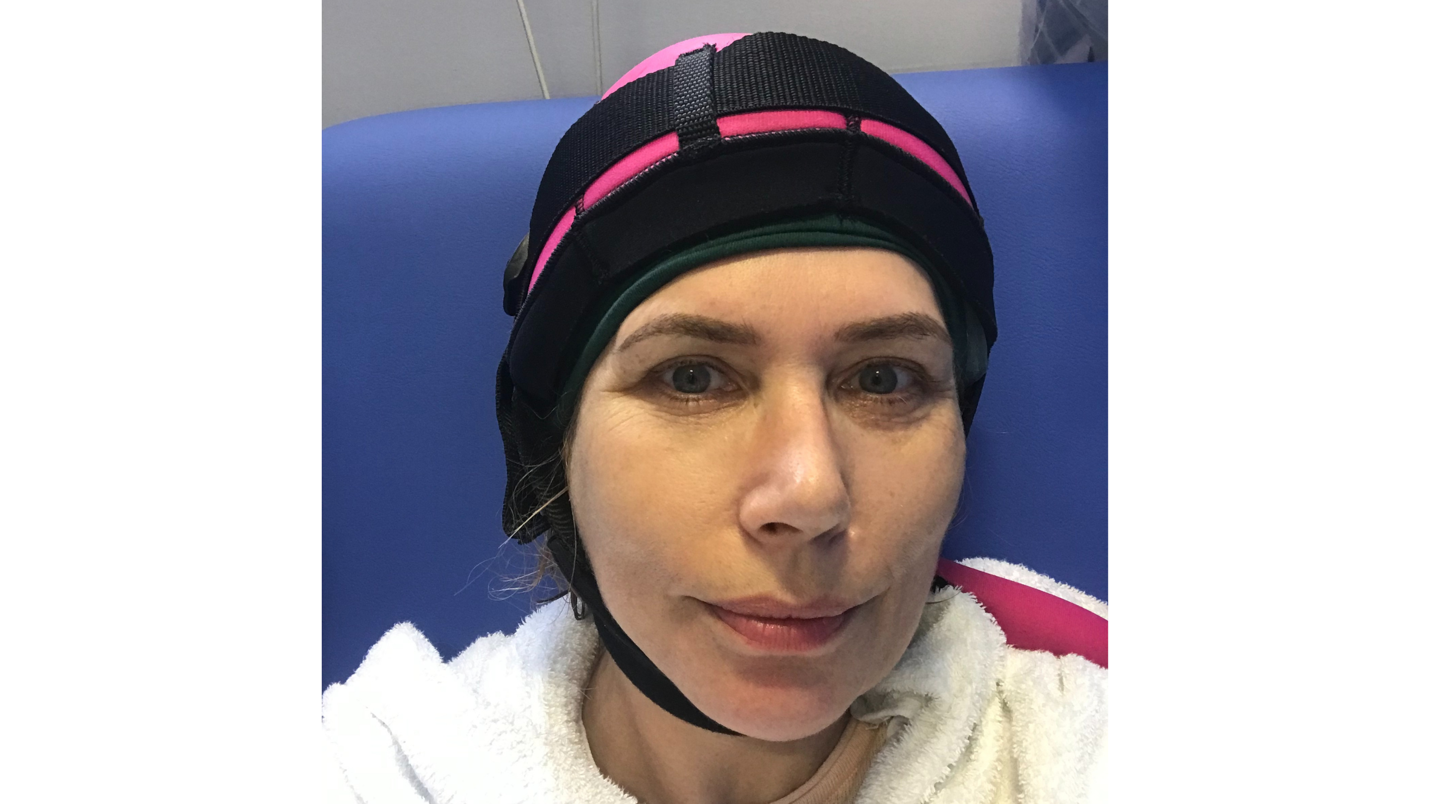 Leah Hardy wearing her cold cap to help protect her hair during chemotherapy treatment.