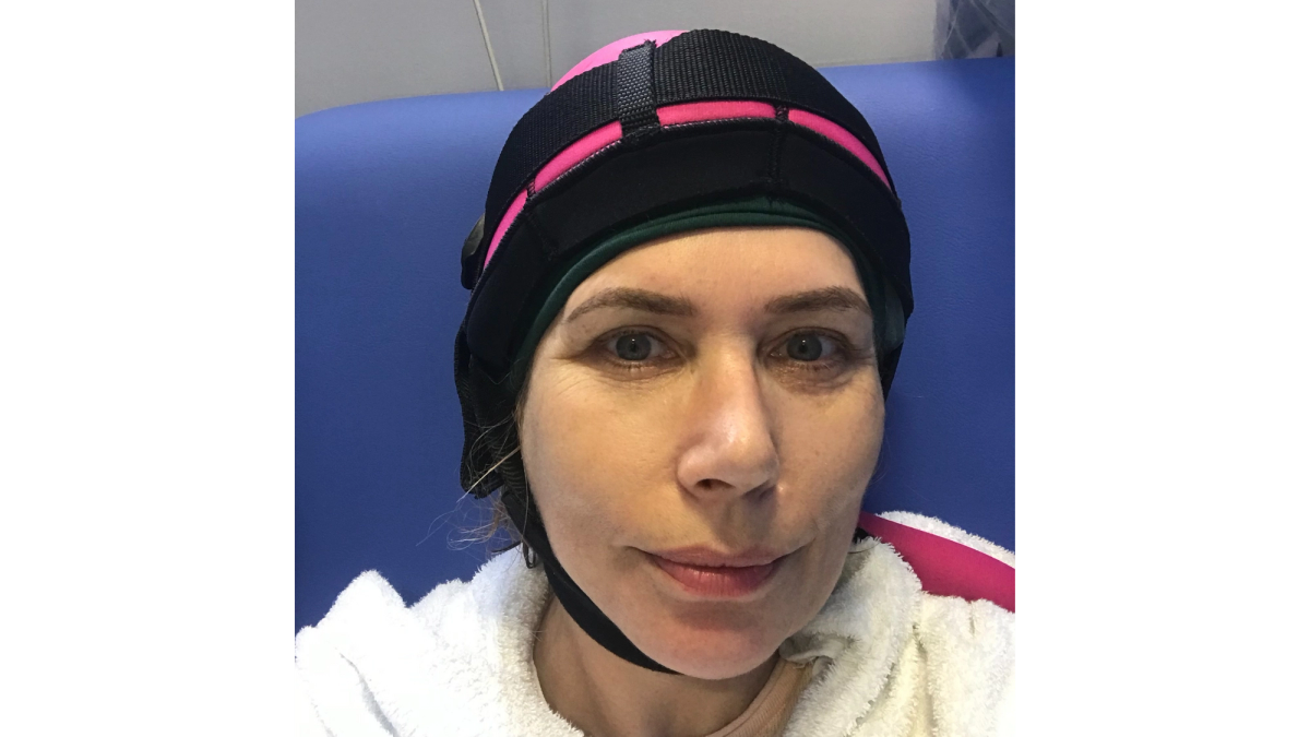 Leah Hardy wearing her cold cap to help protect her hair during chemotherapy treatment.