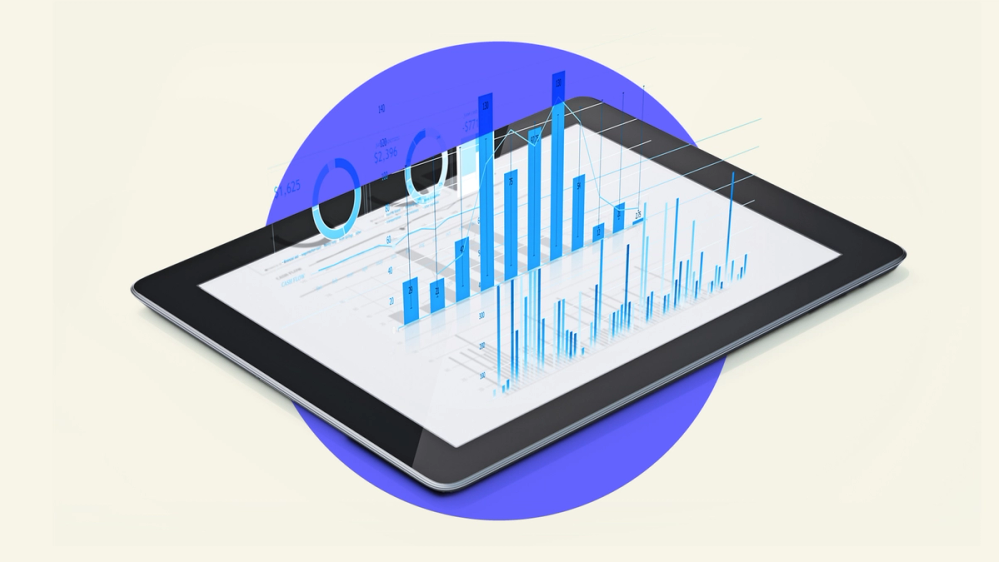 A tablet with a chart of a live share price tracker in a blue circle