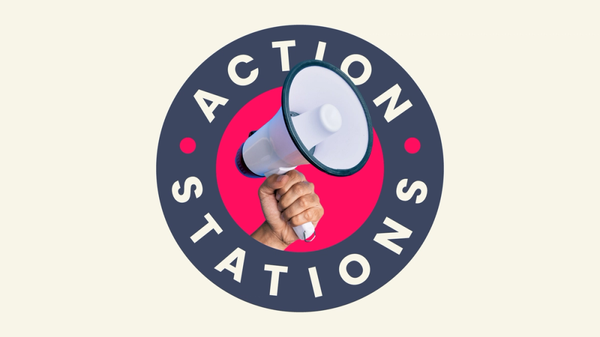 Action Stations logo with a megaphone in a circle