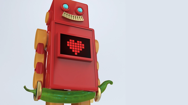 Retro red robot holding a green chilli