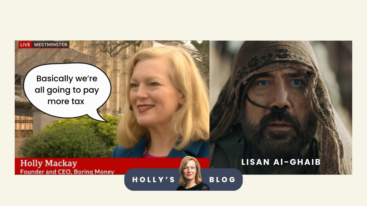 An image of Holly Mackay on BBC News and a meme from the movie Dune Part 2