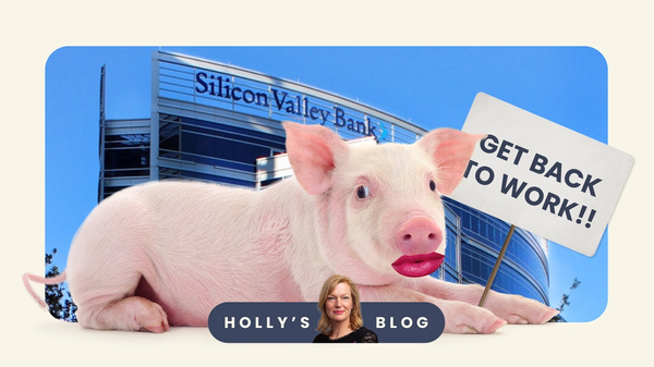 A photoshopped pig wearing lipstick, holding a "Get back to work" banner in front of Silicon Valley Bank