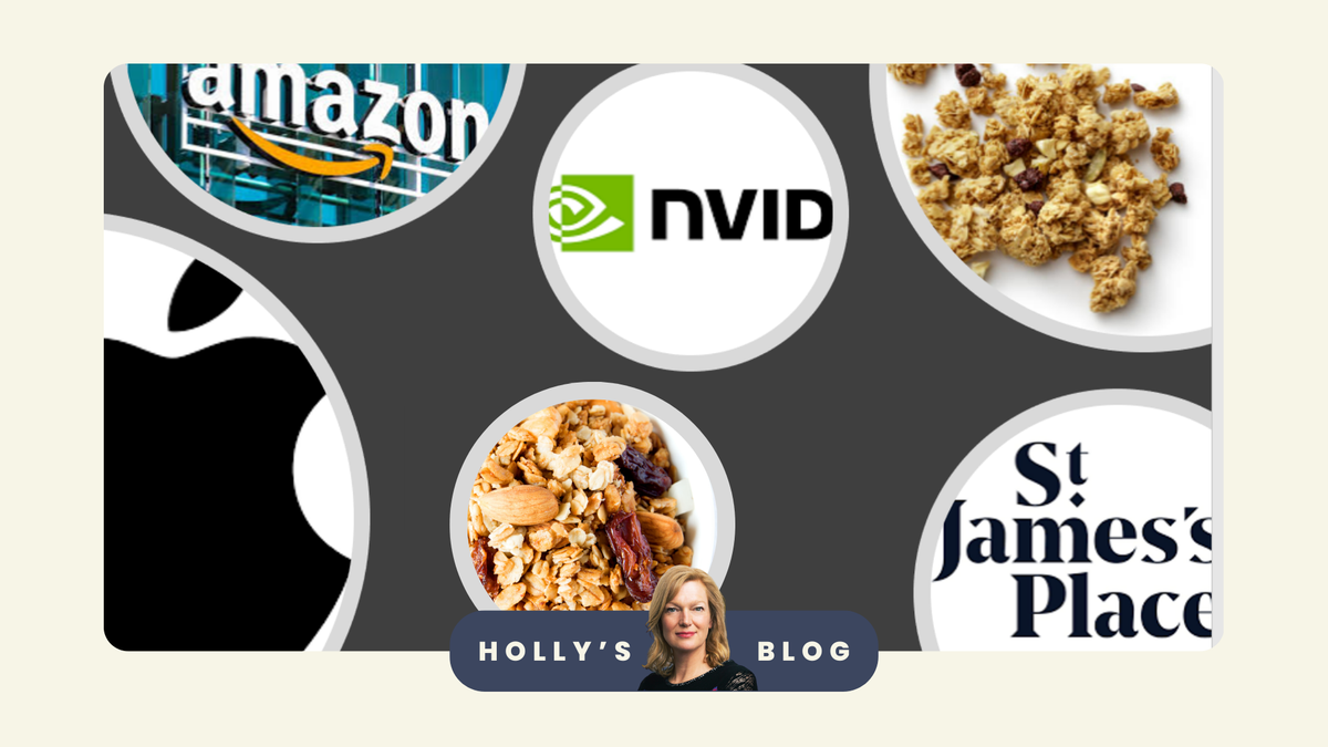 An assortment of images of granola, advice firm St James's Place and various technology company logos