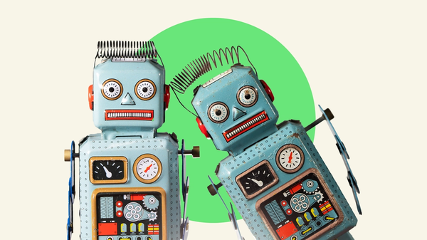 Two retro robots in a green circle