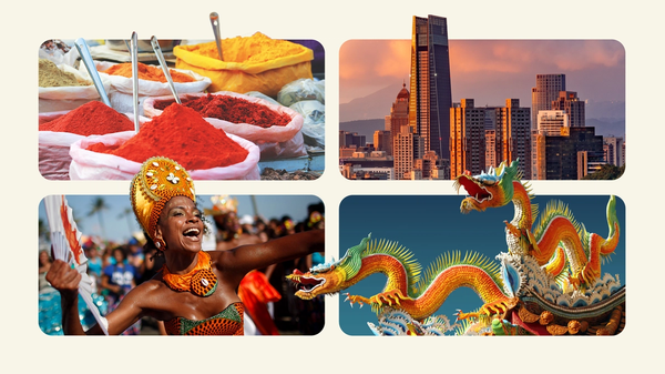 Symbols of emerging markets, such as dragons, condiments, traditional costumes and skyscrapers