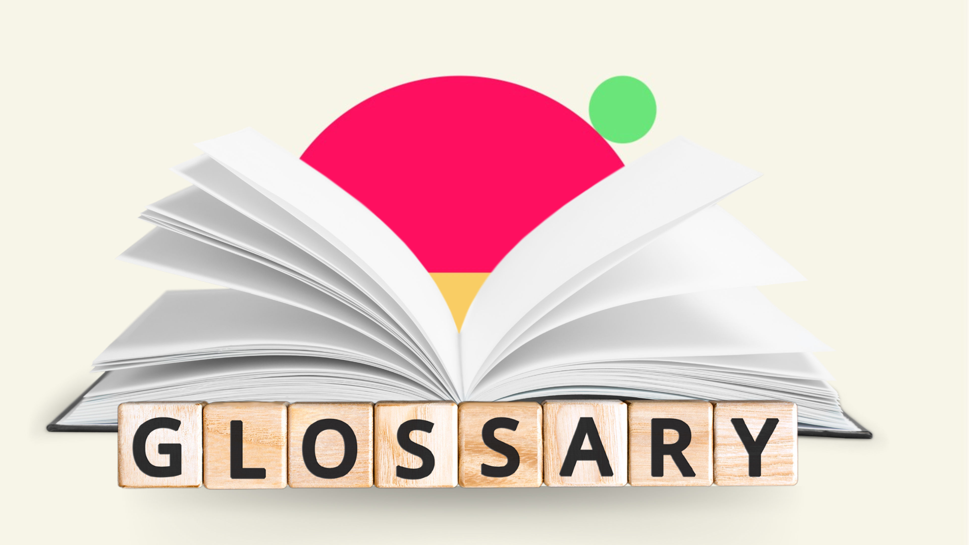 An image of an open book and a set of Scrabble letters spelling out 'glossary'