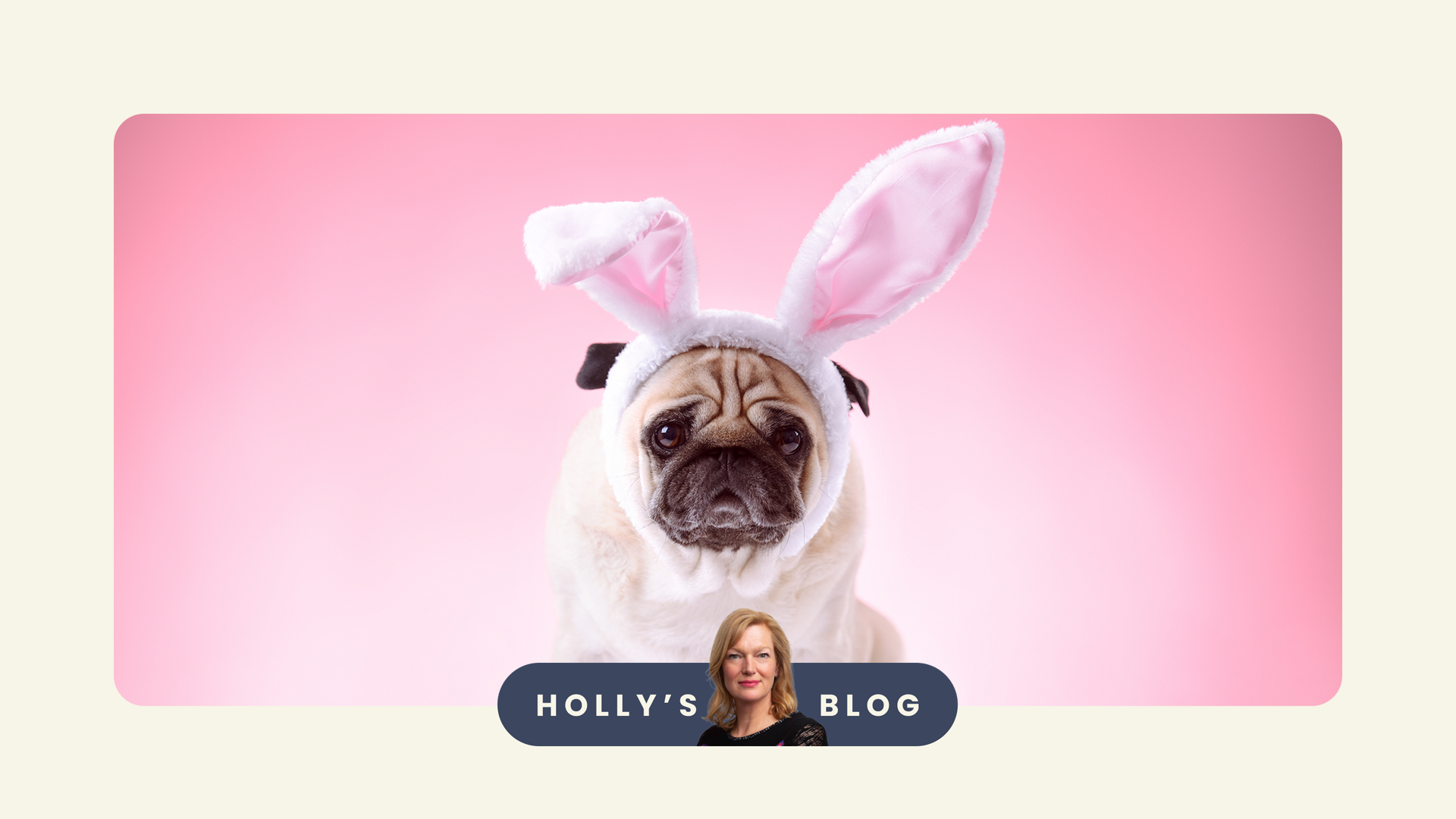 pug dressed as an Easter bunny and Boring Money CEO & Founder Holly Mackay wishing you Happy Easter!!!