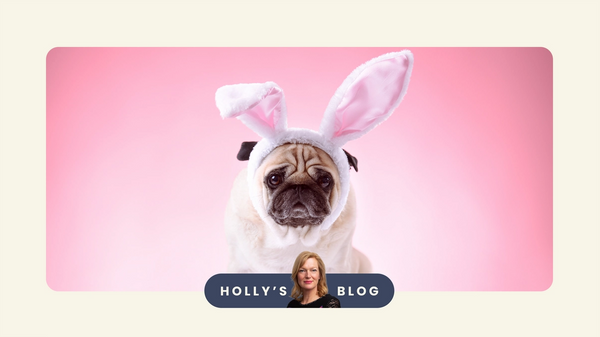 pug dressed as an Easter bunny and Boring Money CEO & Founder Holly Mackay wishing you Happy Easter!!!