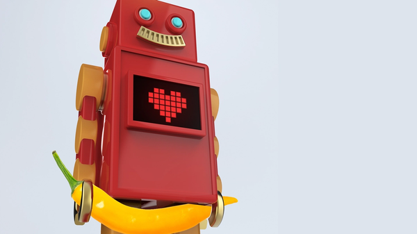 Retro red robot holding a yellow chilli