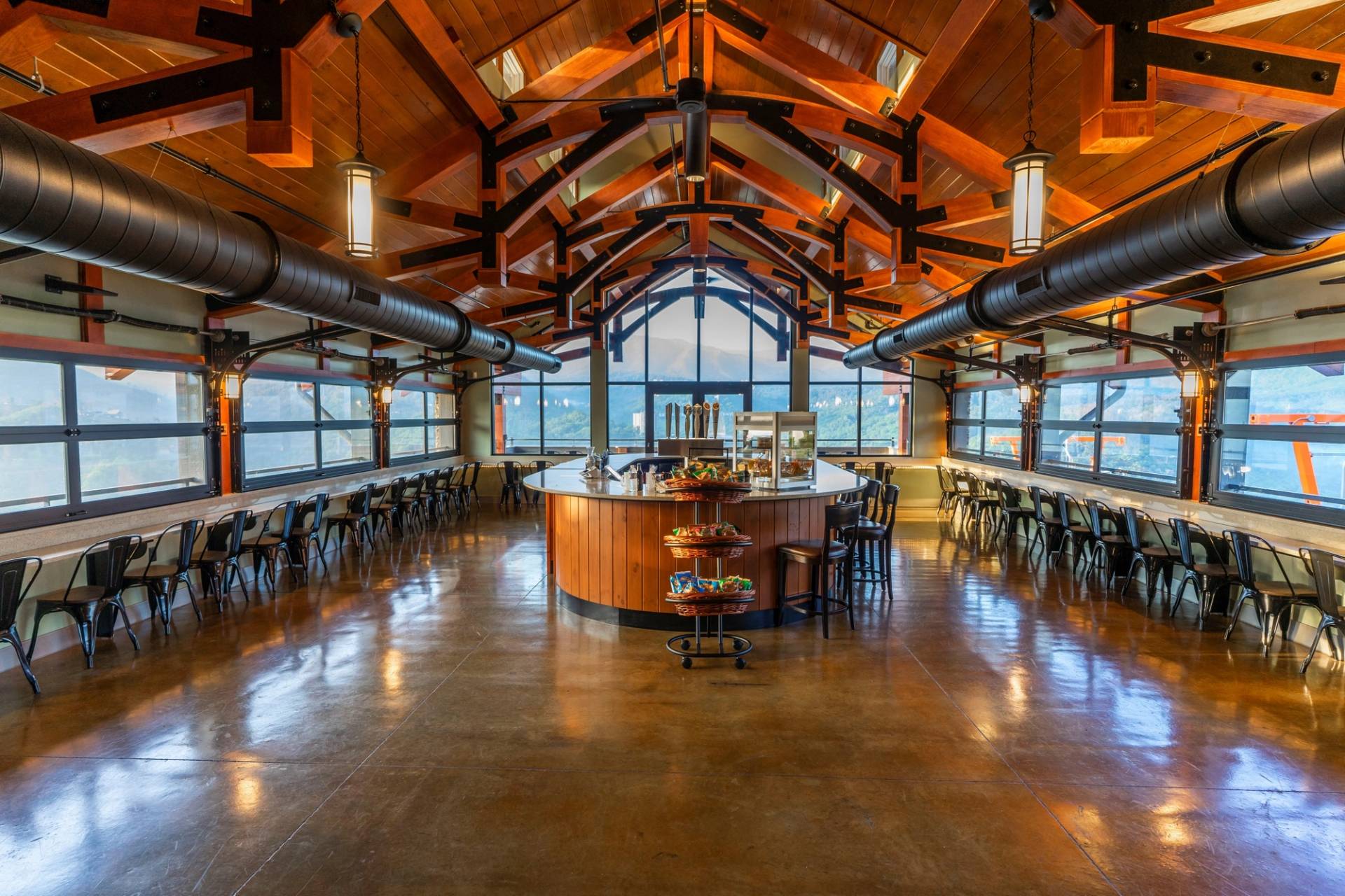 the SkyCenter bar with sweeping views of the mountains seen from the windows 