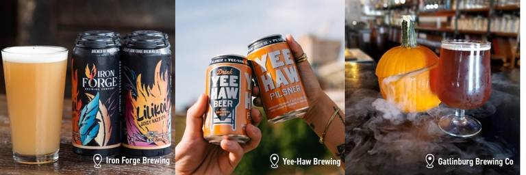 Images of Local Beers from Iron Forge Brewing, Yee-Haw Brewing, and Gatlinburg Brewing Company.