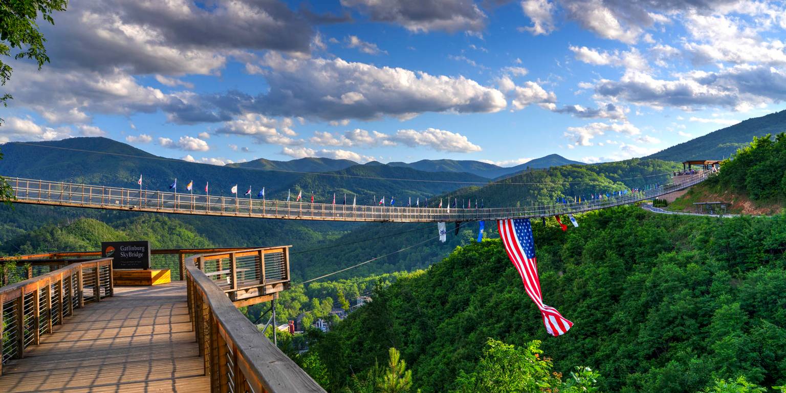 The SkyBridge with a 60 foot American Flag flying.