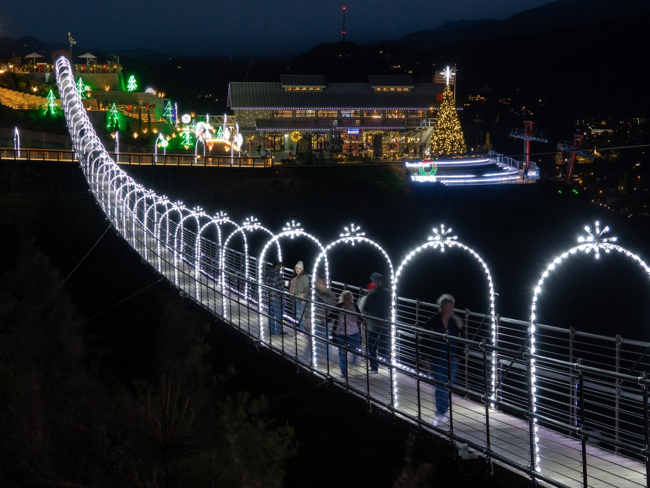 The SkyBridge decorated for the holidays.