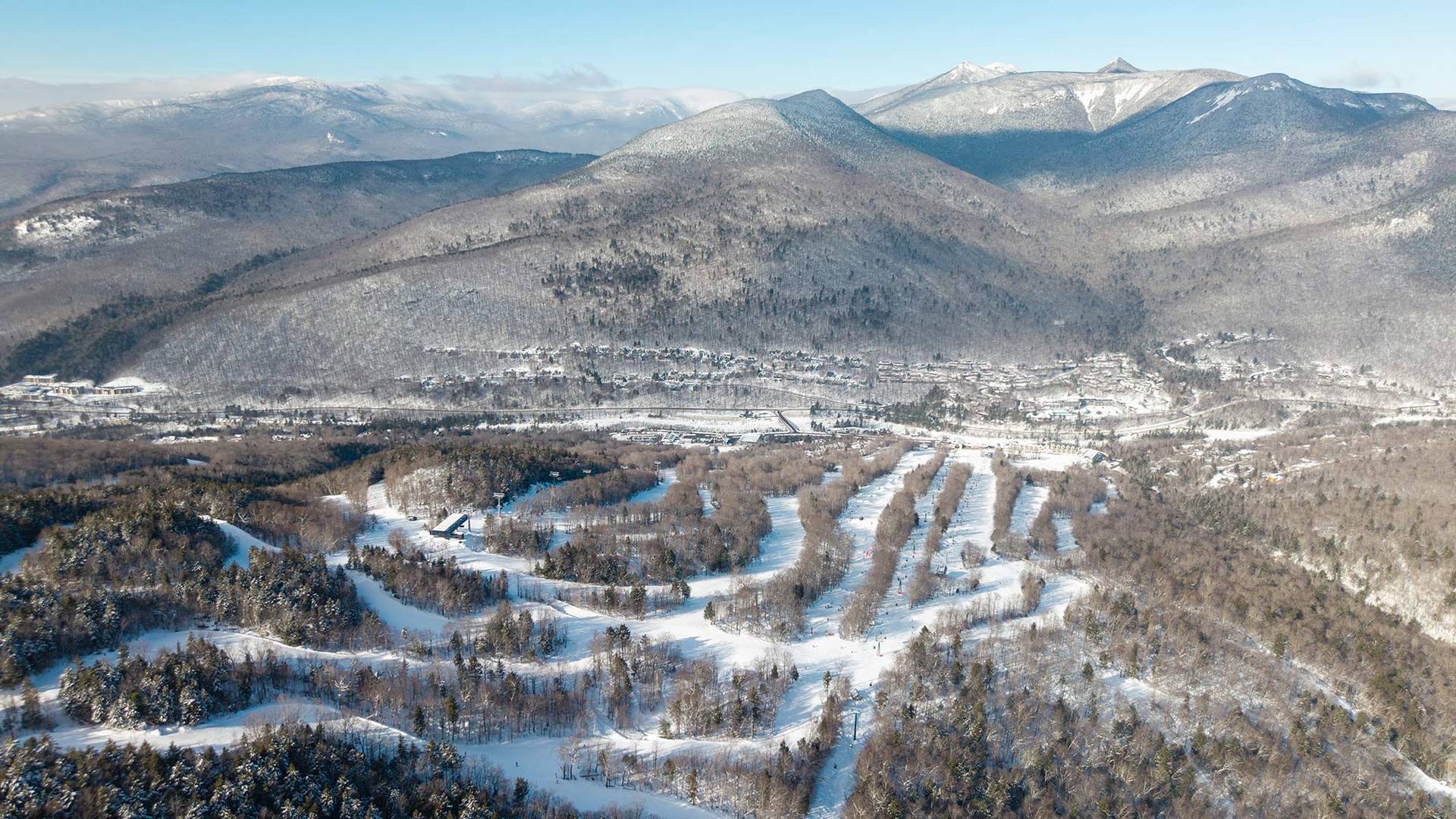 winter drone image of Loon Mountain