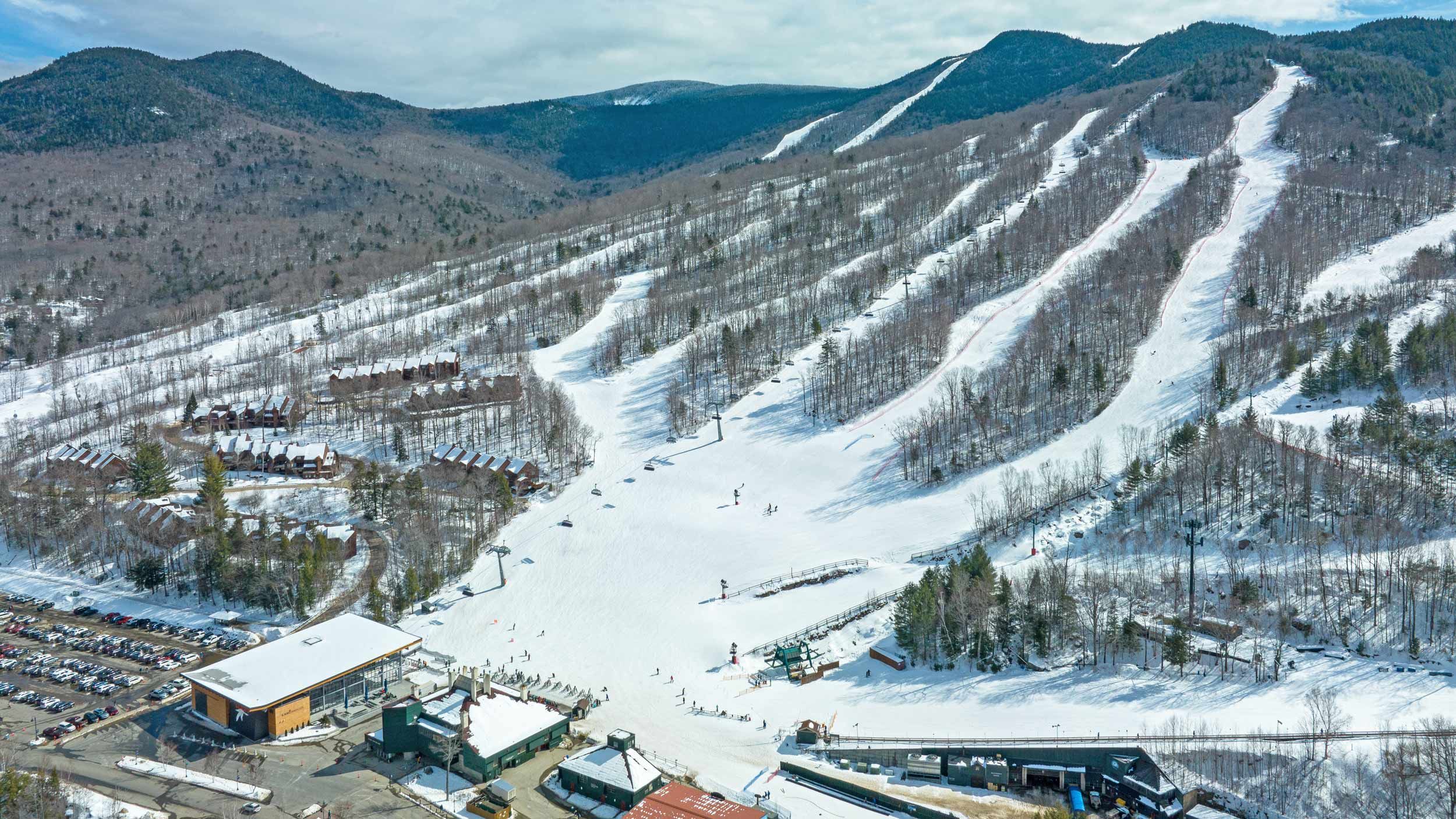 drone shot of Loon Mountain ski trails and base area