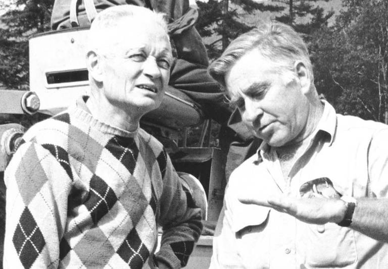 Sherman Adams and Selden Hannah discussing trail construction at Loon Mountain