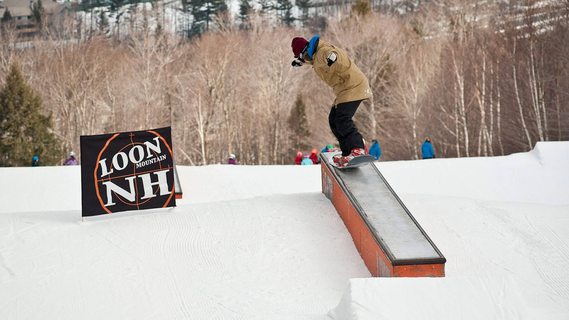 snowboarder on box at Springboard Park at Loon Mountain Resort