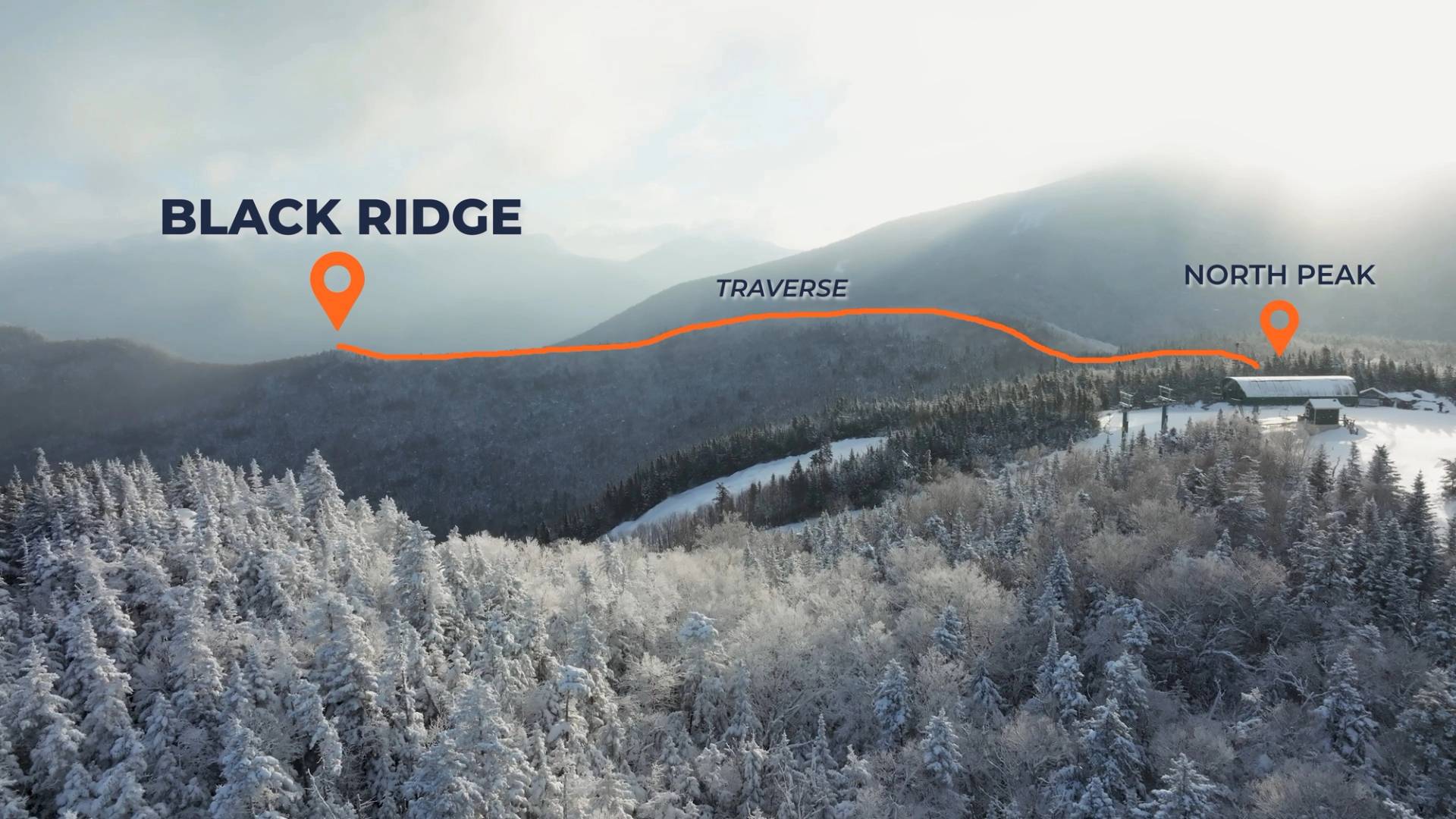 Drone image of North Peak and illustration of Black Ridge traverse.