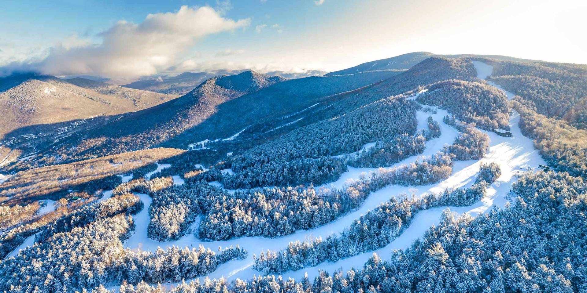 Drone shot of Loon Mountain in winter