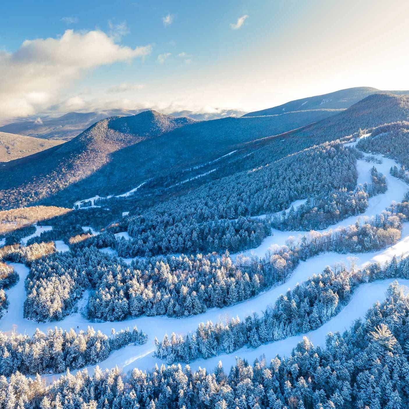 Drone shot of Loon Mountain in winter