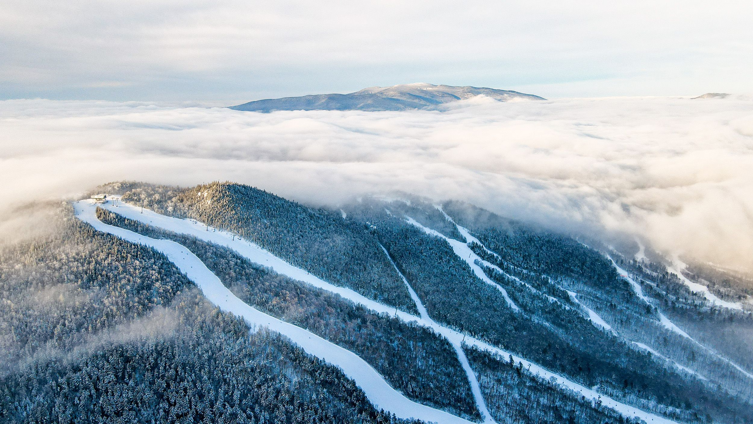 Drone image of winter ski trails at Loon Mountain