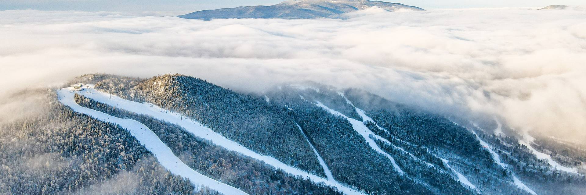 Drone image of winter ski trails at Loon Mountain