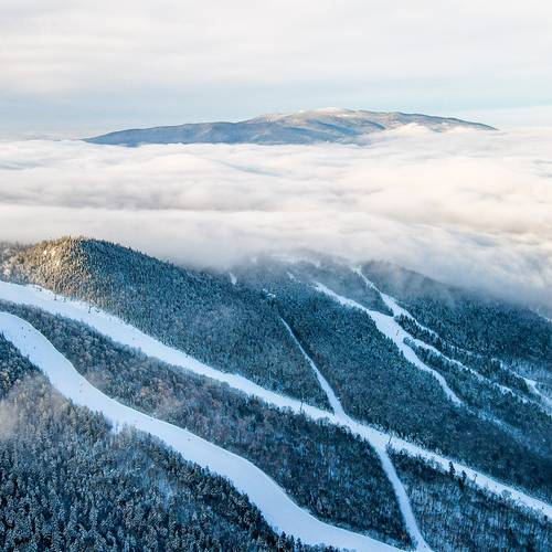 Drone image of winter ski trails at Loon Mountain