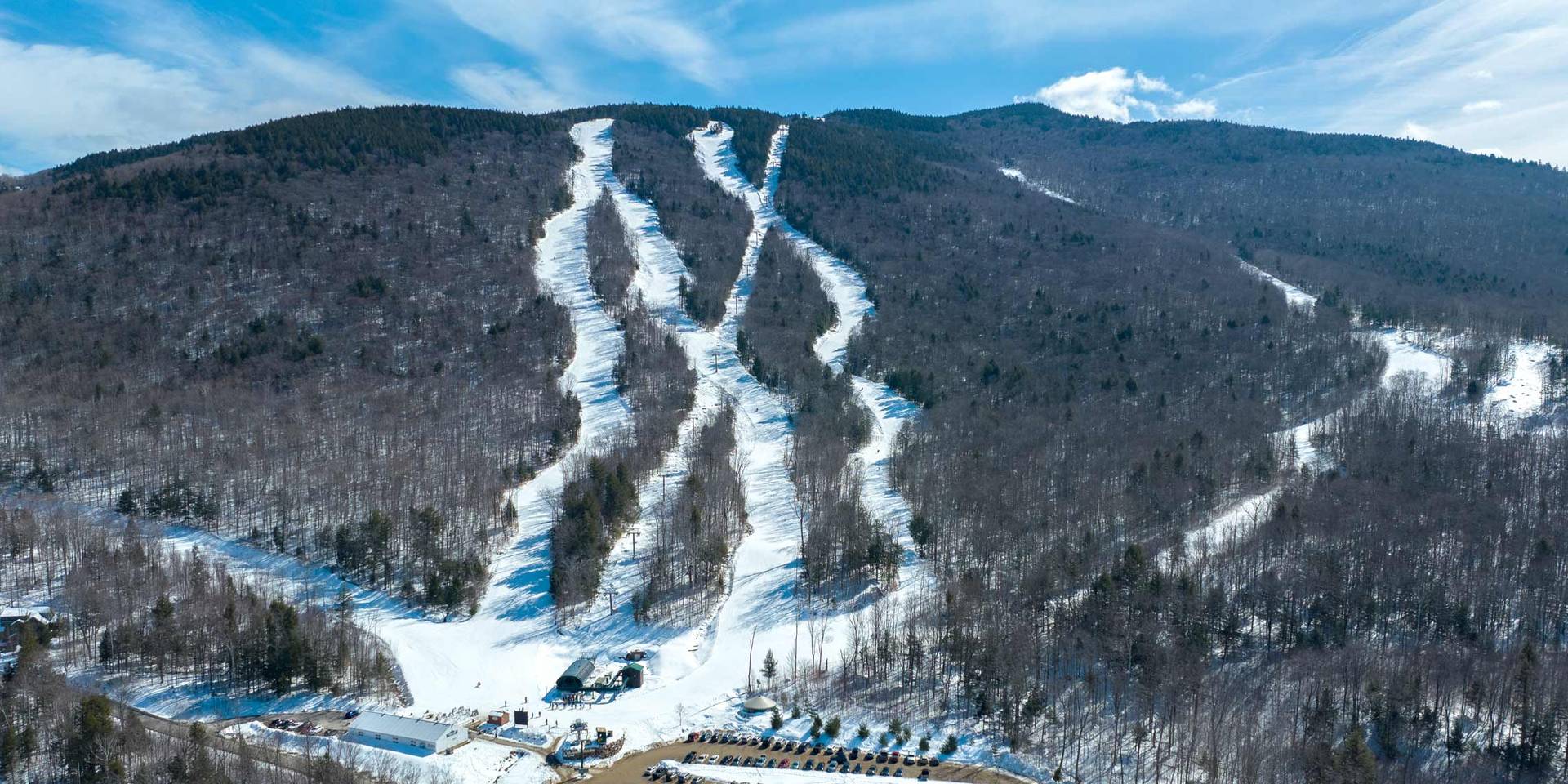 drone image of Loon South Peak ski trails and base area