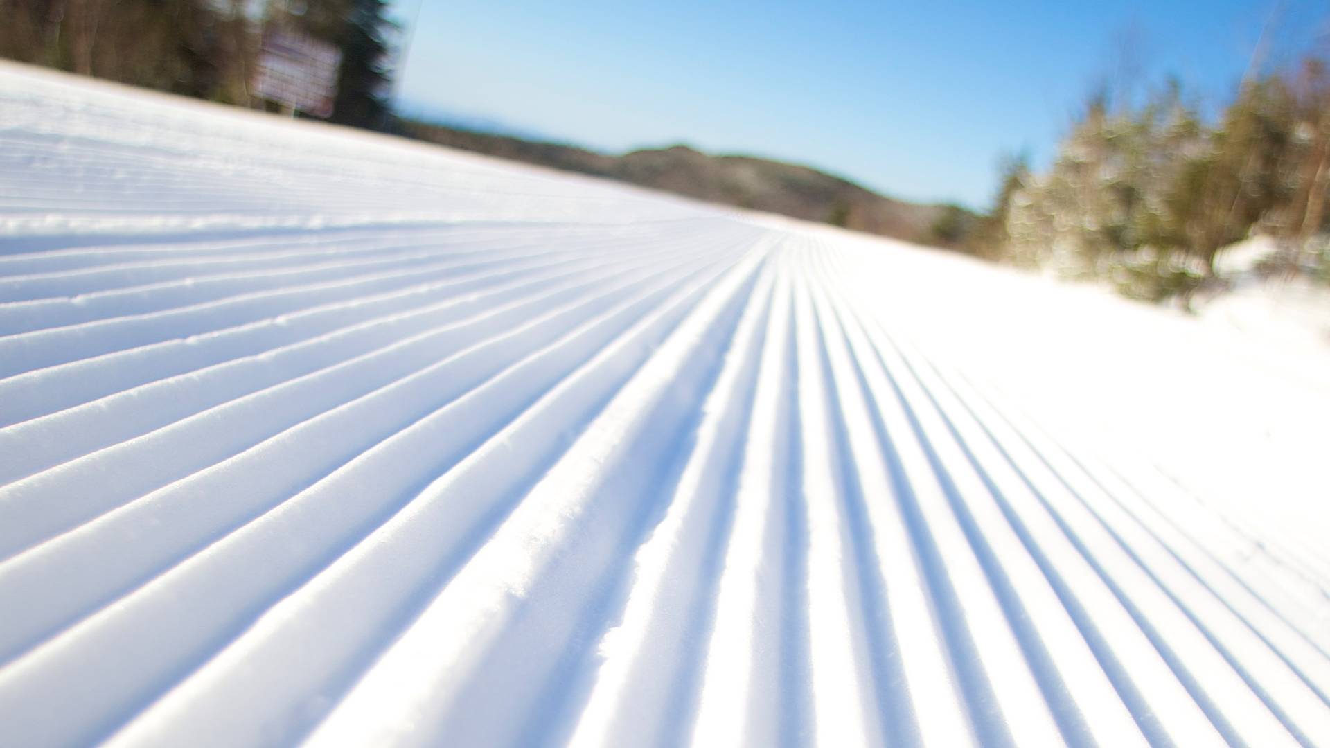 ground-level view of groomed corduroy snow