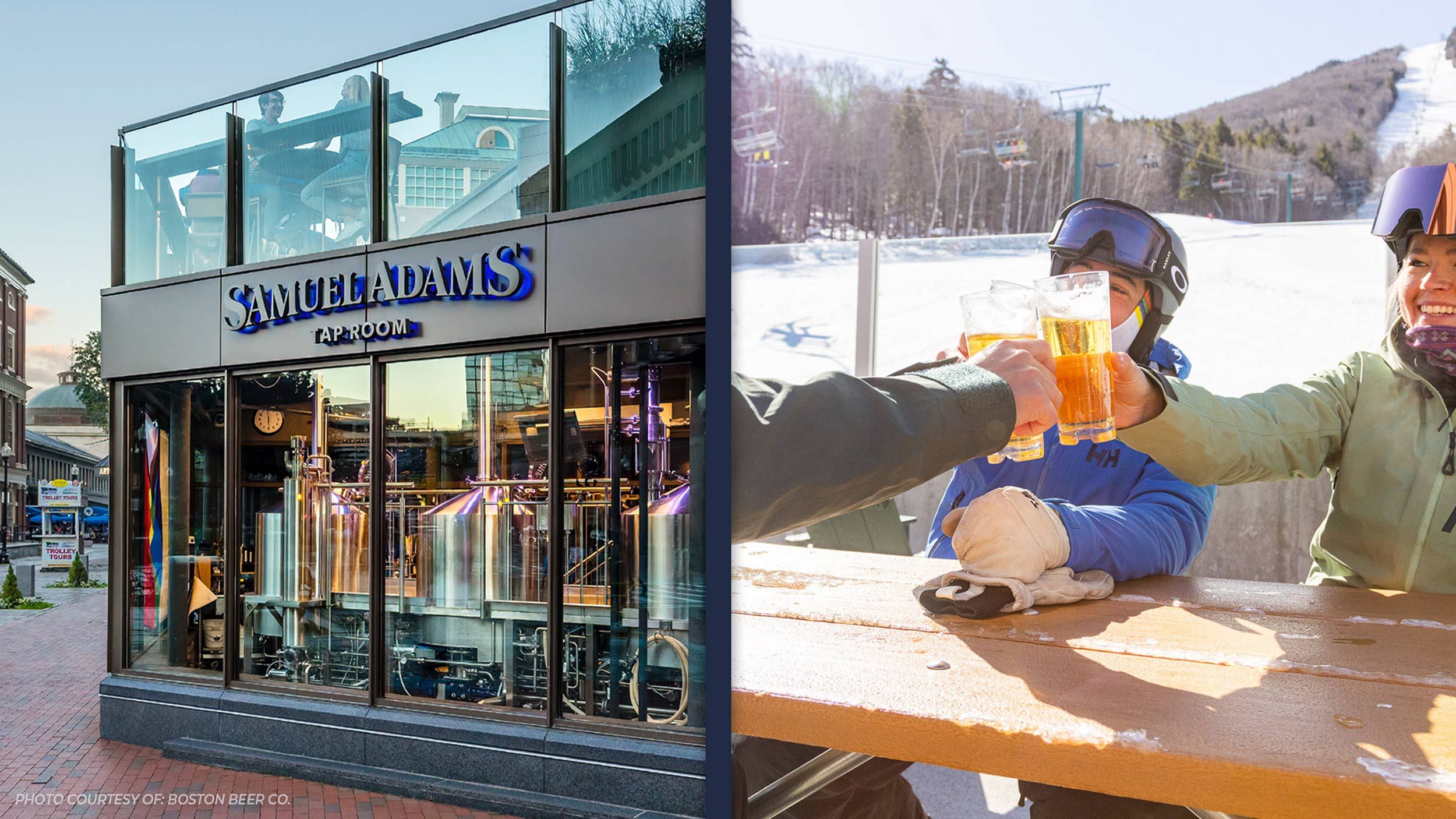 three people cheersing and sam adams taproom