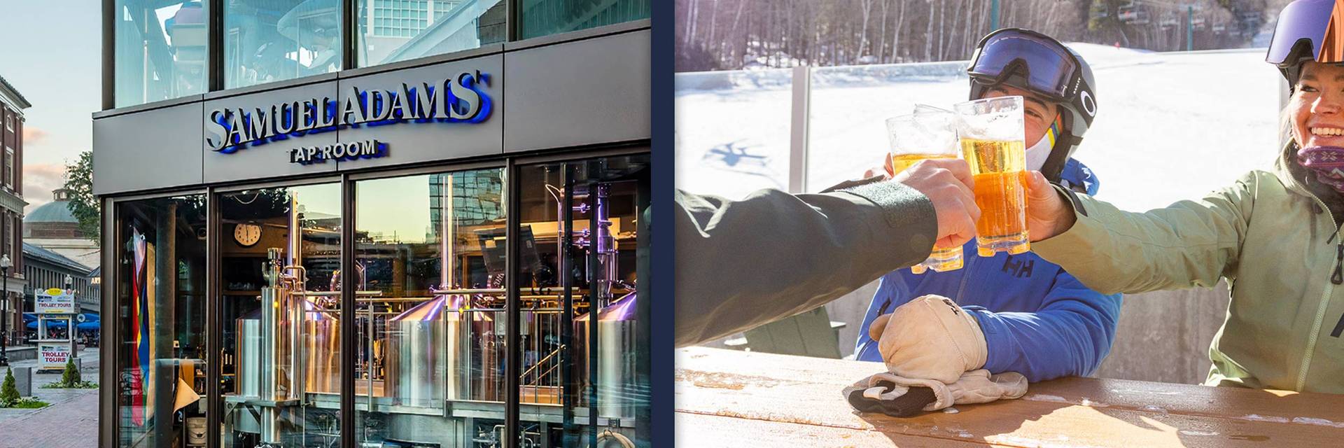 three people cheersing and sam adams taproom
