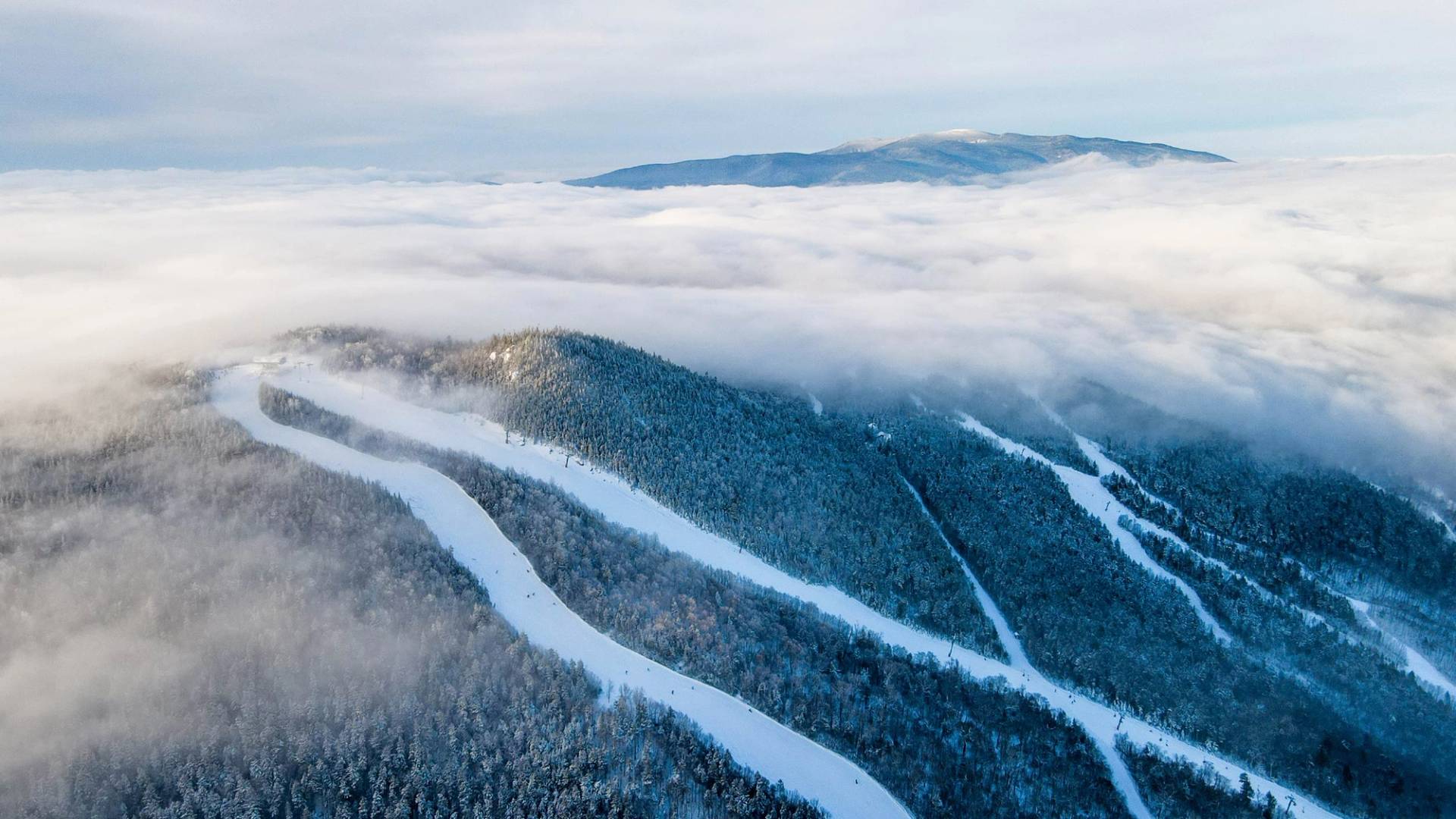 winter drone shot of Loon Mountain ski trails
