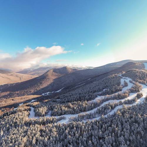 Winter drone shot of ski trails at Loon Mountain