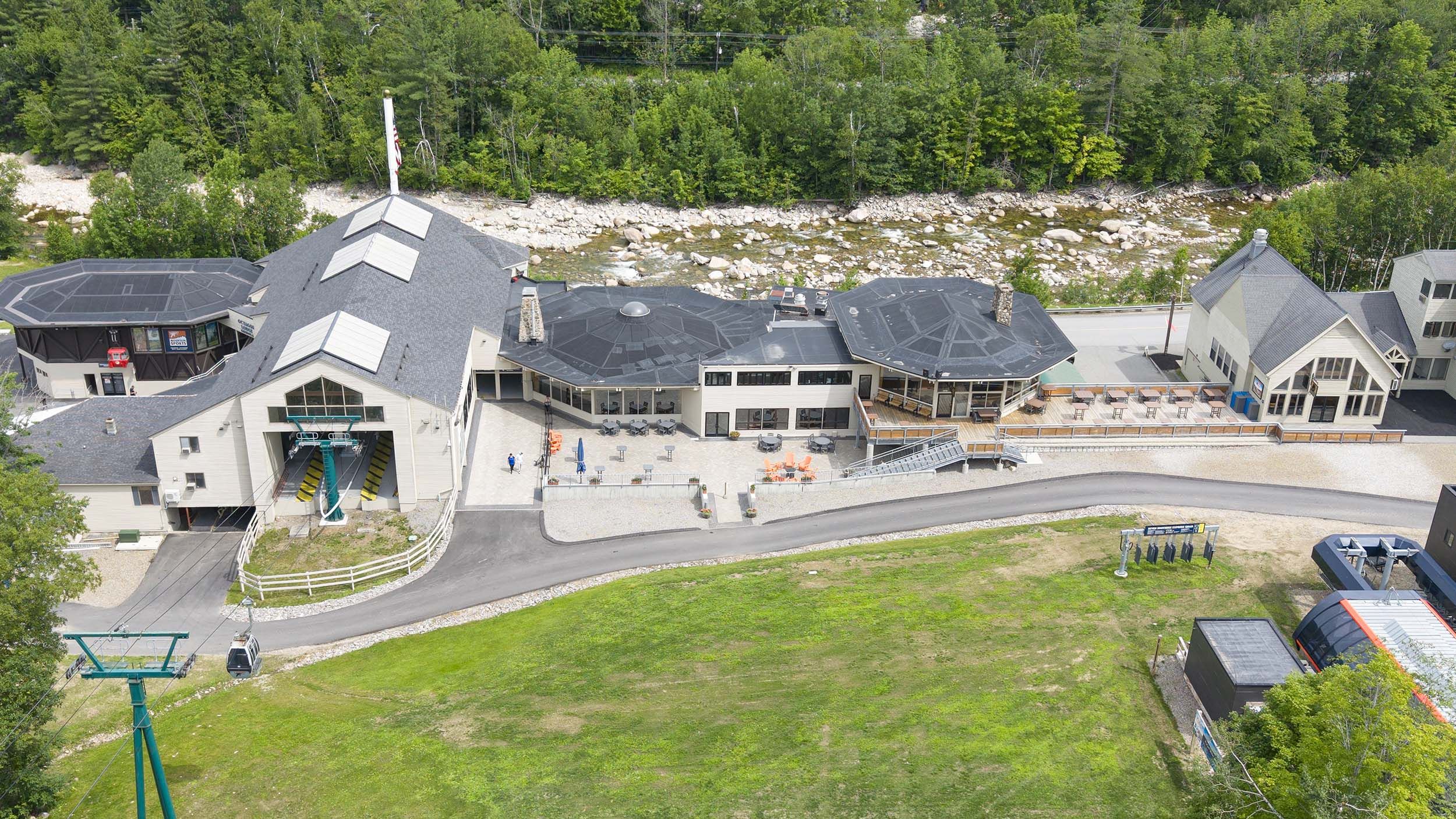 drone image of the Octagon Lodge and Bunyan Room base area